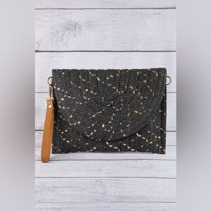 Straw Woven Gold Accents Clutch Bag|Black+Gold